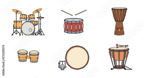 An illustrative collection of essential musical instruments featuring acoustic guitar, grand piano, drum kit, saxophone, violin, and trumpet, perfect for music-related themes and creative projects