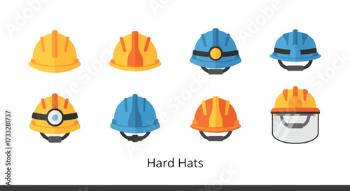 Diverse collection of essential industrial safety hard hats in flat vector style, illustrating protective headwear for construction sites, workplace security, and professional applications