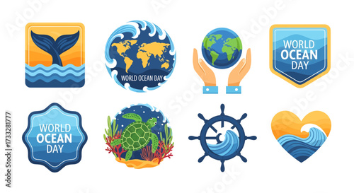 Vibrant Ocean Day Icons Set, dynamically blending marine elements and global symbols to whisk up awareness for vital conservation and aquatic ecosystem preservation
