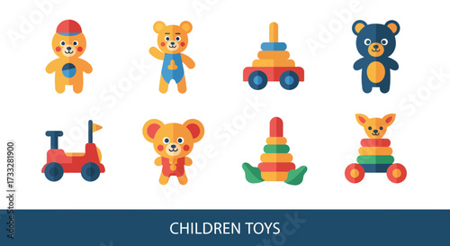 A delightful collection of vibrant flat design children's toys, showcasing adorable bear characters and engaging stacking games for playful learning and early childhood development