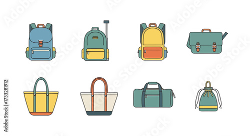 Flat outline vector illustrations of bags and backpacks school, travel, tote, and duffel. Ideal for lifestyle, education, and journey-related design projects