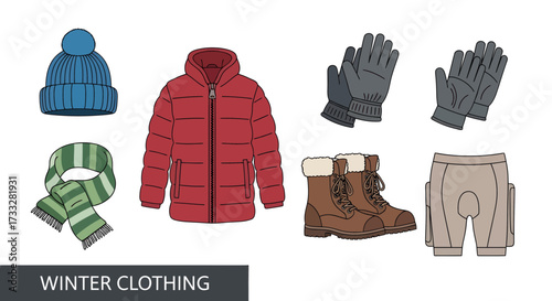 Essential winter apparel set featuring warm outerwear, including a cozy hat, insulated jacket, knit scarf, protective gloves, and durable boots for cold weather activities