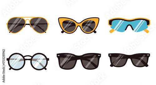 Collection of stylish sunglasses and eyeglasses designs, featuring various modern shapes and trendy styles for sun protection and fashionable accessories