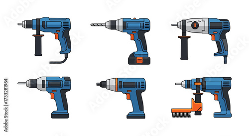 Diverse collection of electric drills, showcasing various power tools for construction, DIY projects, and professional tasks, depicted in a clean modern vector illustration style