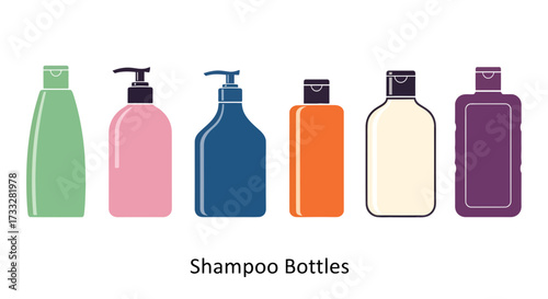 Assortment of vibrant personal care bottles with diverse shapes and dispenser types, illustrated in a modern flat vector style for beauty and hygiene product concepts