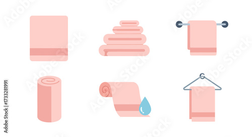Vector illustration set featuring soft pink towels in different arrangements folded, stacked, rolled, and hanging. Perfect for bath, spa, hygiene, and laundry concepts