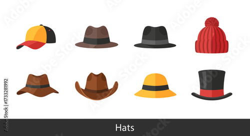 Diverse collection of popular hat styles, featuring baseball caps, fedoras, beanies, cowboy hats, straw hats, and top hats, rendered in modern flat design illustrations