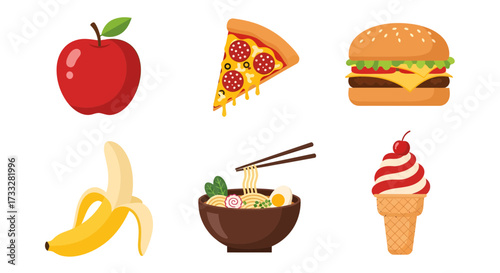 Diverse food icons set. Features healthy fruits, popular fast food, ramen, and ice cream. Modern flat illustration of various culinary choices