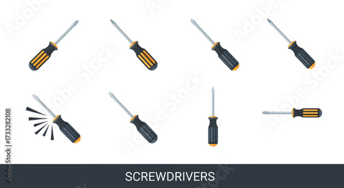 A diverse collection of modern flat design screwdriver illustrations, essential hand tools depicted for repair, assembly, and maintenance tasks