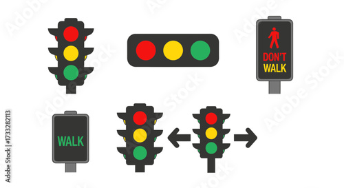 Vector set of diverse traffic light and pedestrian signal icons, illustrating essential road safety rules, urban traffic control, and navigation concepts for city environments