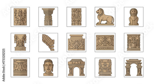Collection of Ancient Architectural and Sculptural Artifacts Depicting Historical Art.