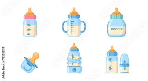 Diverse collection of baby feeding bottles and pacifiers for infant care, showcasing various designs and functions essential for newborn nourishment