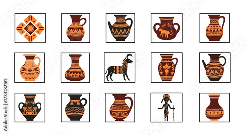 Collection of Ancient Greek Vases and Figurines with Geometric Patterns.