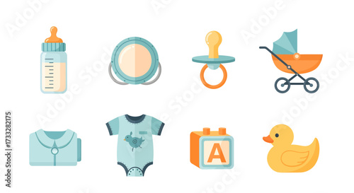 Comprehensive collection of adorable flat design baby essentials vector icons, perfect for illustrating newborn care, infancy, and early childhood themes in digital and print projects