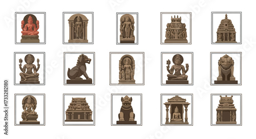 Collection of ancient Indian stone sculptures and artifacts displayed in frames.