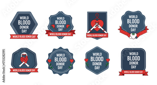 Set of World Blood Donor Day vector badges with medical symbols, hearts, and ribbons to promote awareness for vital blood donations