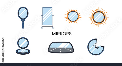 Diverse vector illustrations of mirrors, including handheld, floor-standing, sunburst, compact, automotive, and a broken glass design, ideal for graphic projects