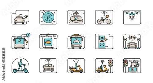 Collection of Autonomous Vehicle Icons Representing Future Transportation.