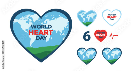 Illustrative vector graphic for global heart health promotion, featuring a world map within a symbolic heart, representing international cardiovascular wellness and disease prevention