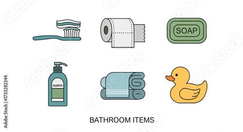 Modern flat design illustration featuring essential bathroom items like a toothbrush, soap, toilet paper, towels, and a rubber duck, perfect for hygiene and personal care concepts