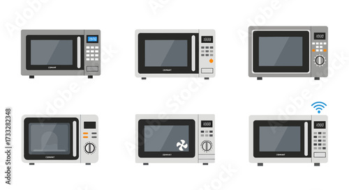 Modern flat design microwave ovens collection, essential kitchen appliances for efficient food heating and convenient cooking. Features diverse models with various digital and analog controls