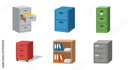 Colorful vector set of office filing cabinets and storage units, essential for document organization and enhancing workplace efficiency and productivity