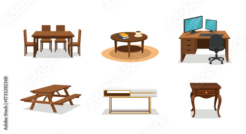 Vector collection of diverse furniture for home and office. Includes dining tables, desks, coffee tables, side tables, and picnic sets, ideal for interior design and lifestyle themes