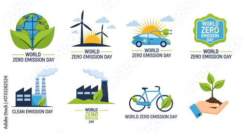 Set of Environmental Awareness Icons for World Zero Emission Day and Clean Emission Day