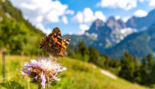 Fototapeta Naklejka Na Ścianę i Meble -  Butterfly on flower in alpine meadow