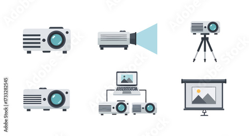 Vector icon set of projector and presentation equipment, featuring various models, light emission, tripod, multi-device setups, and display screens for visual media