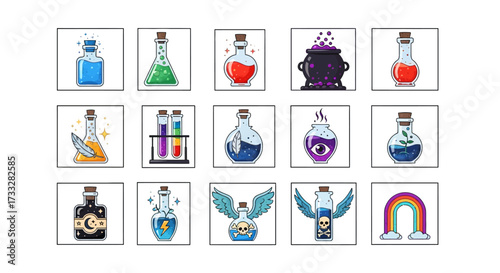 Collection of colorful potion bottles and vials.