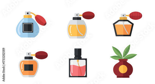 Set of beautifully crafted perfume and cologne bottles in a flat design illustration, perfect for beauty, personal care, and luxury aroma concepts