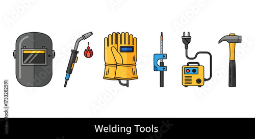 Comprehensive collection of essential welding equipment and protective gear icons, illustrating industrial safety and fabrication concepts for various professional applications