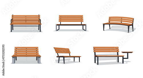 A diverse collection of public seating solutions, featuring various park bench designs for outdoor spaces and urban furniture concepts