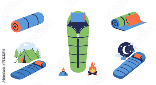 Essential collection of camping gear for serene outdoor adventures, featuring sleeping bags, a cozy tent, and a warm campfire, perfect for nature trips and wilderness exploration