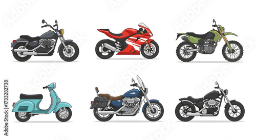 Vector illustration set featuring a diverse range of two-wheeled vehicles, including classic cruisers, agile scooters, powerful sport bikes, rugged off-road motorcycles, and touring models