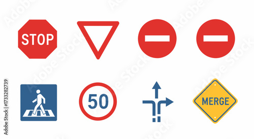 Vector road and traffic signs set. Includes stop, yield, no entry, speed limit, merge, and pedestrian crossing for safe navigation and transport rules