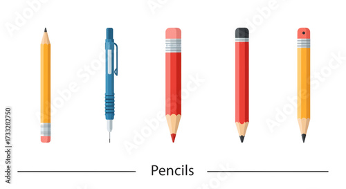 Various types of sharpened pencils and a mechanical pencil displayed on a white background