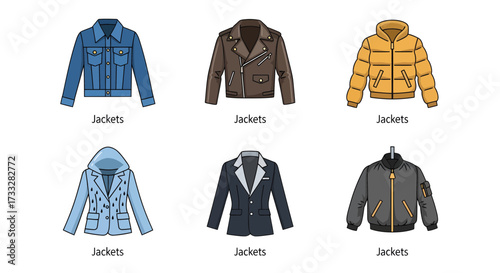 A diverse collection of trendy jacket styles, featuring various outerwear options from classic denim to sleek bomber and formal blazers, perfect for modern fashion and seasonal wardrobes