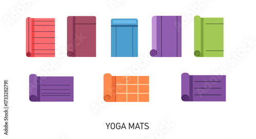 A vibrant collection of neatly rolled exercise mats in an array of colors and patterns, ready for yoga, pilates, and various fitness routines