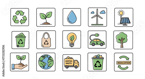 Collection of environmental icons representing sustainability and eco-friendly concepts.