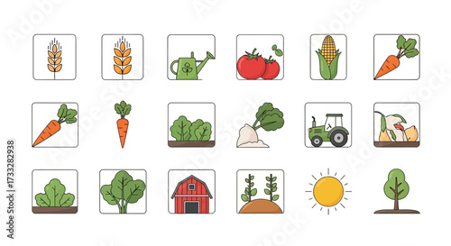 Collection of Farming and Agriculture Icons Representing Various Aspects of Rural Life.