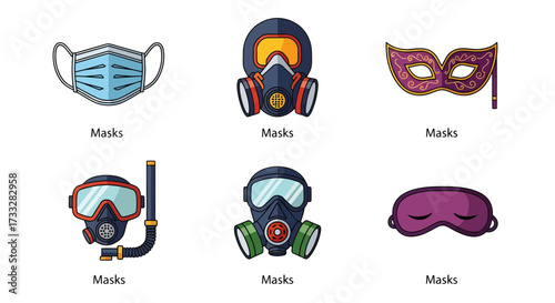 A diverse collection of illustrated masks showcasing various types, from essential medical and industrial respirators to recreational diving gear and elegant decorative pieces for celebration and rest