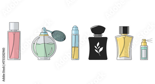 Diverse collection of elegant perfume bottles in vector illustration. Features various shapes, vibrant liquids, and unique spray designs, perfect for modern beauty and fragrance concepts