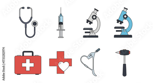 Comprehensive collection of medical and healthcare icons, featuring essential diagnostic tools and first aid symbols for professionals, clinics, and health-related content