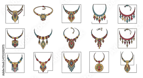 Collection of fifteen unique illustrated ethnic necklace designs.