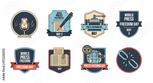Collection of vibrant vector badges celebrating World Press Freedom Day, depicting essential elements of journalism, communication, and human rights through symbolic icons