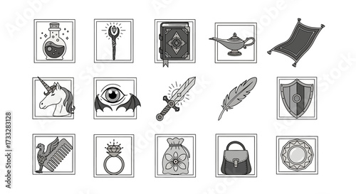 Collection of hand drawn fantasy and magic themed icons.