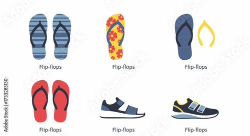 A diverse collection of casual summer footwear, featuring various styles of flip-flops, comfortable sandals, and everyday sneakers, presented in a clean flat design illustration