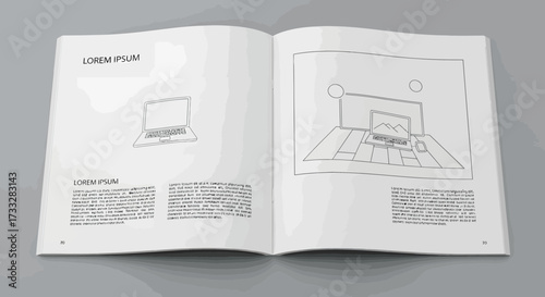 Open instruction manual mockup featuring clean line art illustrations of technology and interior design, providing a modern template for clear information delivery and innovative design concepts